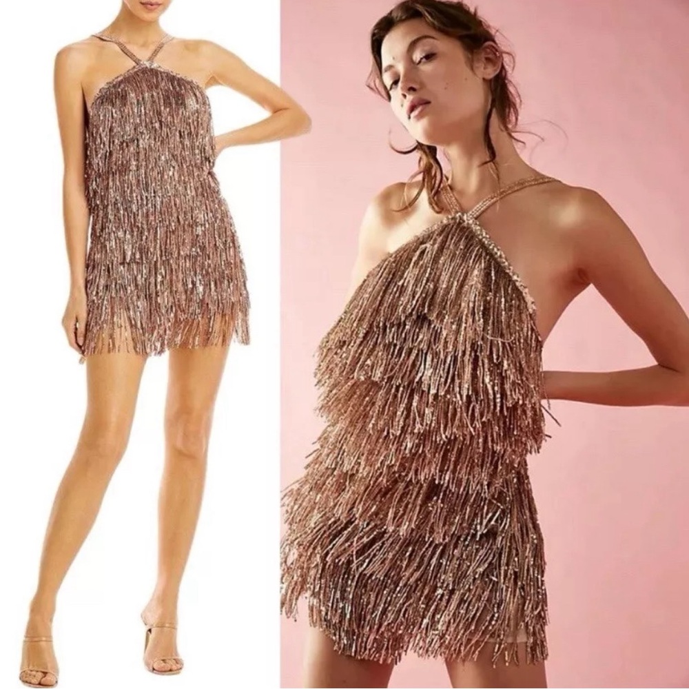 Bronx and Banco Women's Gold Sequined Halter Neck Mini Dress Size Small